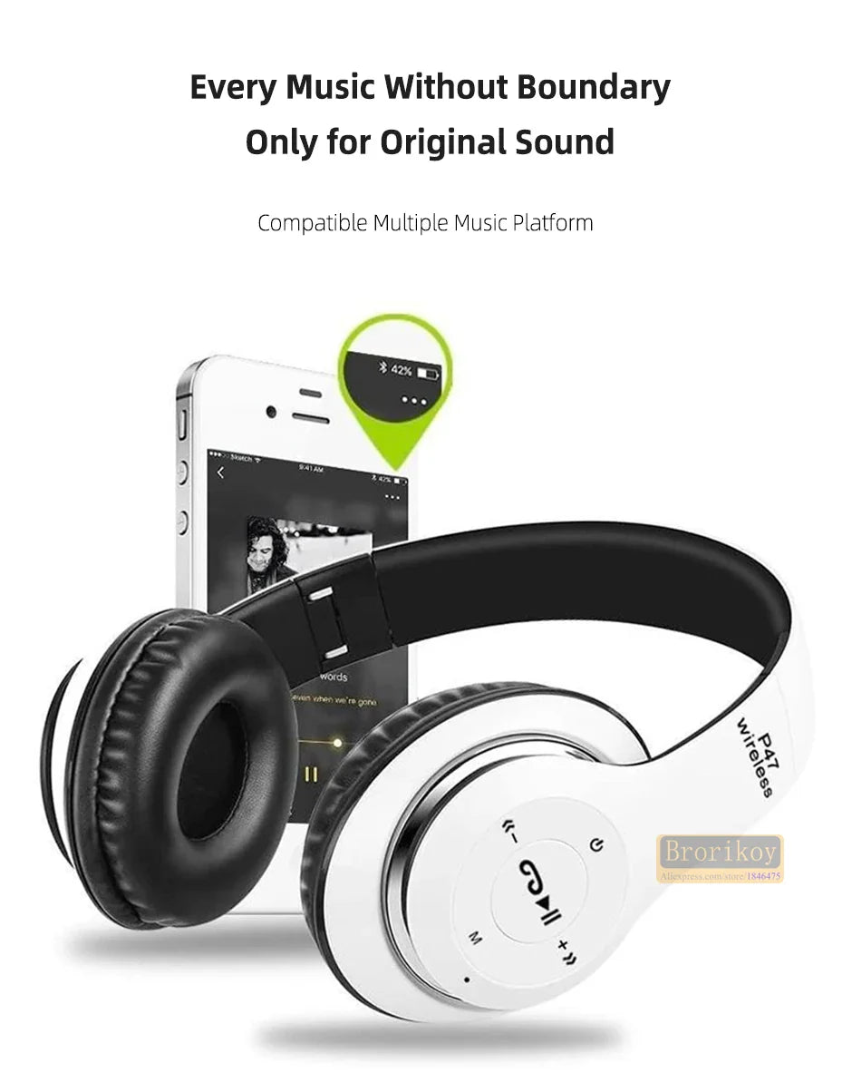 P47 Wireless Headphones Bluetooth 5.0 Earphones Foldable HIFI Stereo Bass for Music Gaming Kid Girl Earphone for iPhone XiaoMi