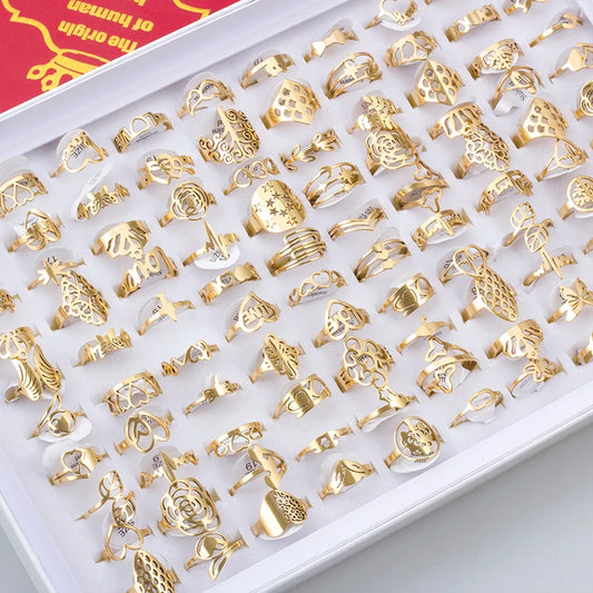 100 Pieces Stainless Steel Engraved Rings for Men and Women Fashion Charm