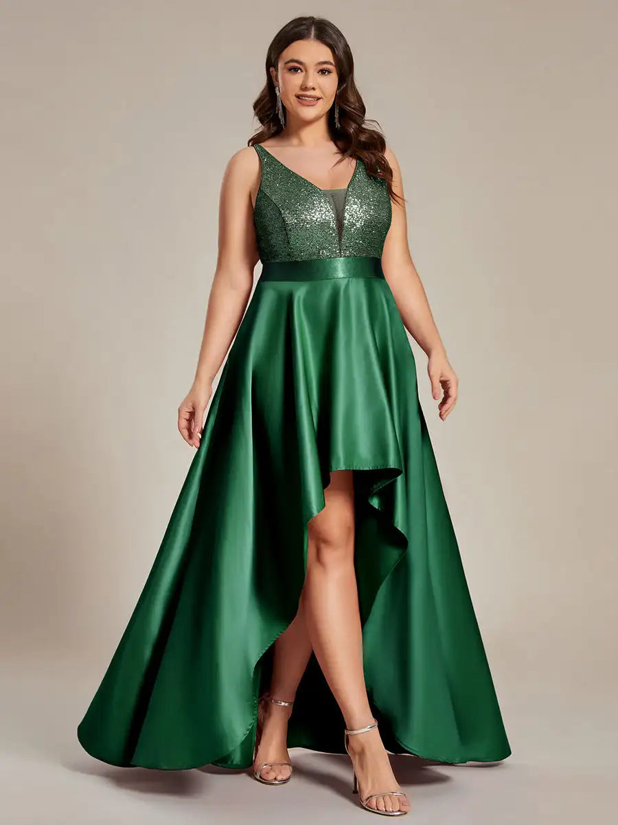 Evening Dresses Ever pretty of Dark Green Plus Size Shiny High-Low Prom Dresses