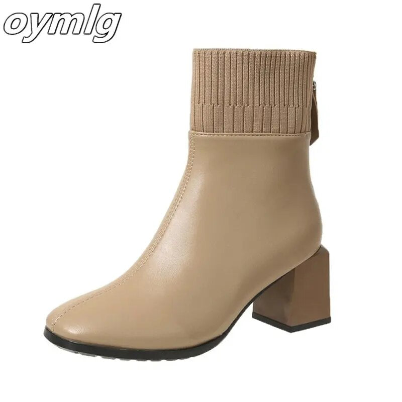 High Heel Women's Short Boots Simple Splicing Square Head Thick Heel