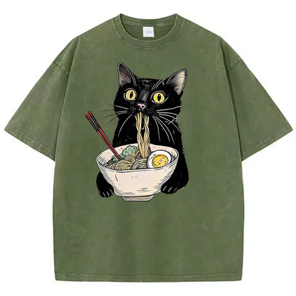 Unisex Hip Hop T Shirt Vintage Washed 100% Cotton T-Shirt Black Retro Cat Eating Ramen Graphic Tee Casual Streetwear