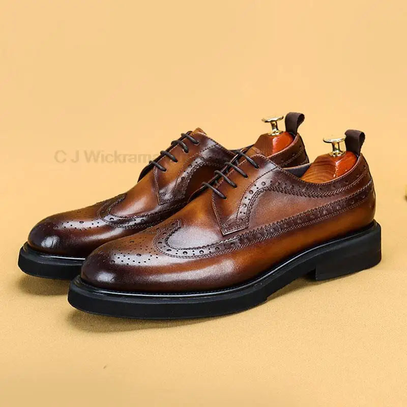HKDQ Brogue Oxfords Leather Men Shoes Genuine Leather Fashion Derby Shoes Round Head Formal Business Male Wedding Dress Shoes