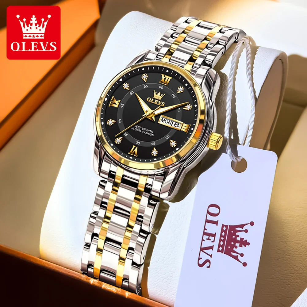 OLEVS 5513 Quartz Watch for Women Diamond Scale Dual Calendar Stainless Steel Strap Waterproof Watch Elegant Ladies Wristwatches