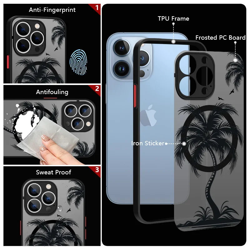 Magnetic Coconut Palm Pattern Case For iPhone 15 14 Pro Max 13 12 11 16 For Magsafe Wireless Charge Matte Hard Back Cover Fundas