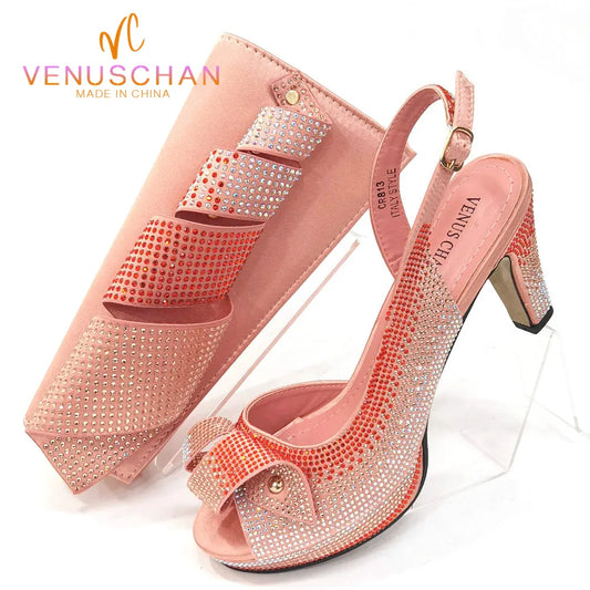 Venus Chan Newest INS Style Peach Color Rhinestone Elegant High Heels Nigeria Popular Design African Ladies Shoes And Bag Set