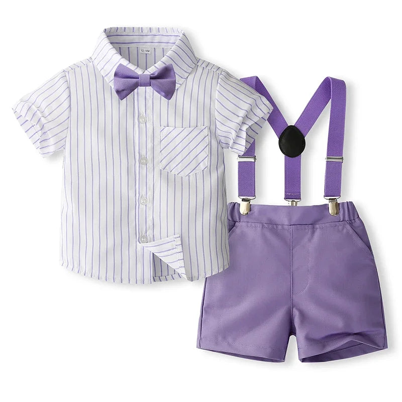 1-5Y Baby Boys Gentleman Outfit Stripe Print Short Sleeve Shirts +Bow Tie + Suspender Shorts Sets Kids Summer Clothes