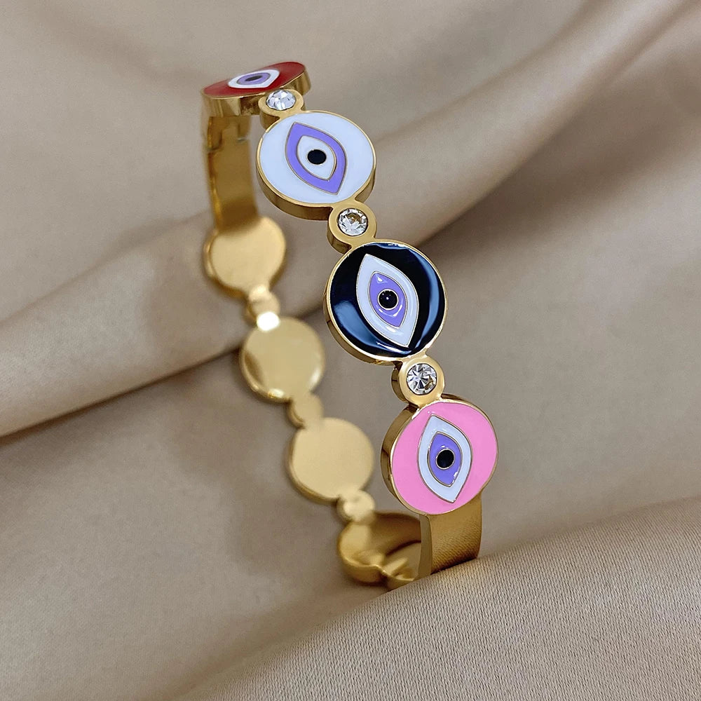 Evil Eye Bracelet Exquisite Stainless Steel Hollow Evil Eye Decorative Charm Bracelet Bangles with Rhinestones