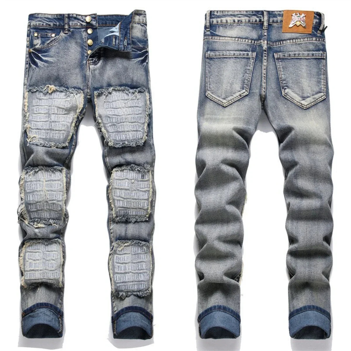 Men's Perforated Jeans 3D Inner Embroidery Zipper Bleached Slim Fit Pantyhose