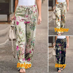 Vintage Printed Women Pants Spring Autumn Fashion Drawstring Wide Leg Elastic