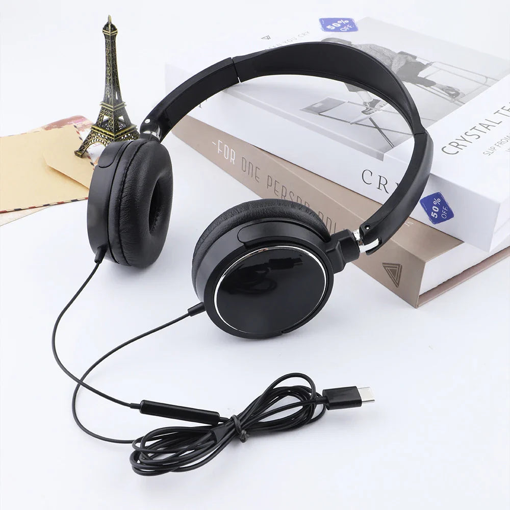 3.5mm/Type-C Wired Headphones Foldable Adjustable Headset Bass Stereo Earphones For Pc Mp3 Mobile Headphones With Noise Cancel