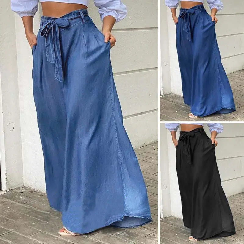 Women Long Pants High Waist Fashion Belted Casual Loose Solid Streetwear Women