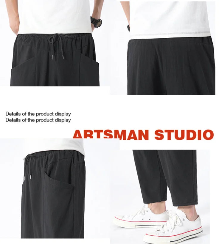 100% Cotton Summer Casual Pants Man Trendy Japanese Cropped Pants Loose Pants