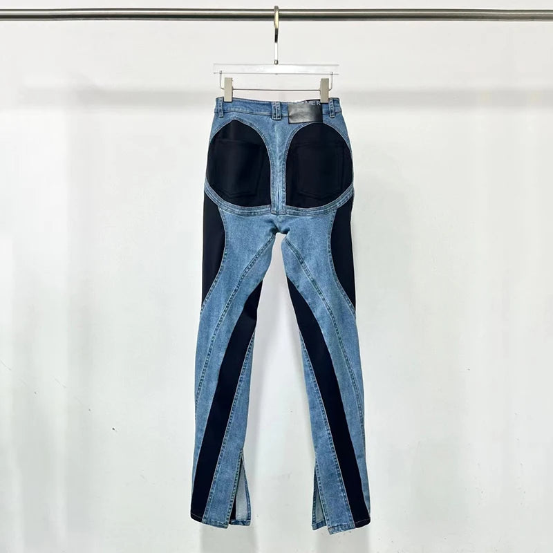 Women's jeans, colour blocking, slimming cotton pencil trousers