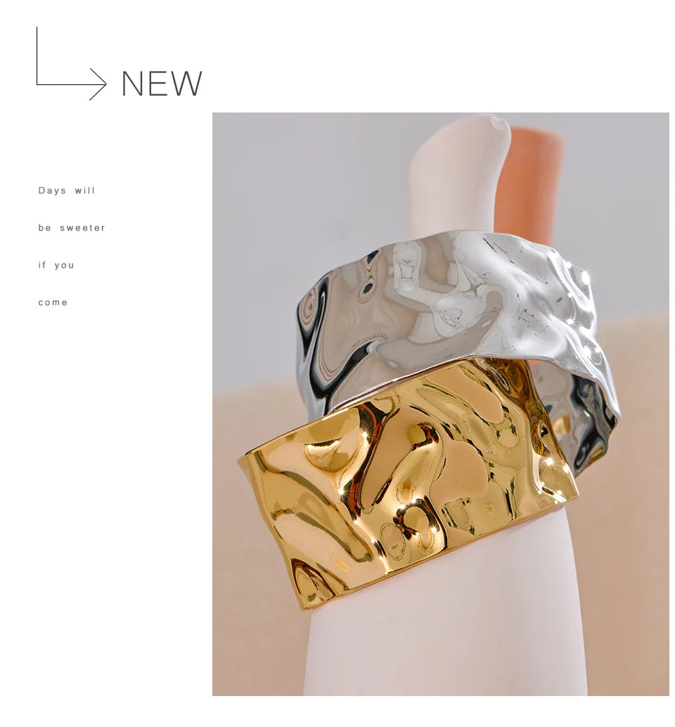 Yhpup Wide Large Stainless Steel Metal Cuff Open Bracelet Bangle 18K Gold PVD Plated Statement Waterproof Wrist Jewelry Bijoux