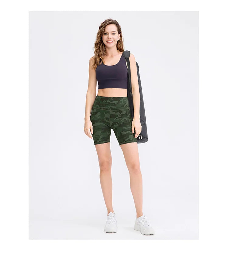 Women's printed nude yoga shorts with pockets skin-friendly tight stretch quick-drying sports fitness hiking running shorts