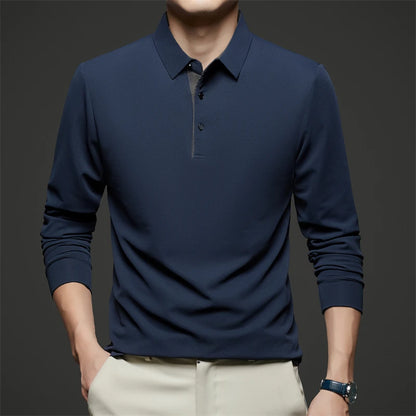 New Men's Business Casual  Long Sleeve Solid Color Polo Shirt Fashionable Warm Comfortable Four Seasons Versatile Top