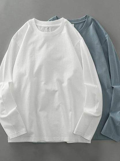 DUKEEN Men's 260G Long Sleeve T Shirts 2025 Spring Pure Cotton Solid Color Basic Crew-Neck Undershirt Men's Loose Tops 11 Color