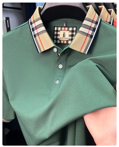 High end silky cotton breathable short sleeve polo shirt men's summer new trend plaid lapel designer brand casual golf T-shirt