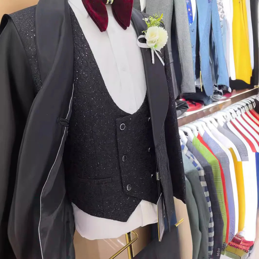 Tuxedo for Mens: Formal Floral Men's Suit Wedding Groom Tuxedo Three Piece Black
