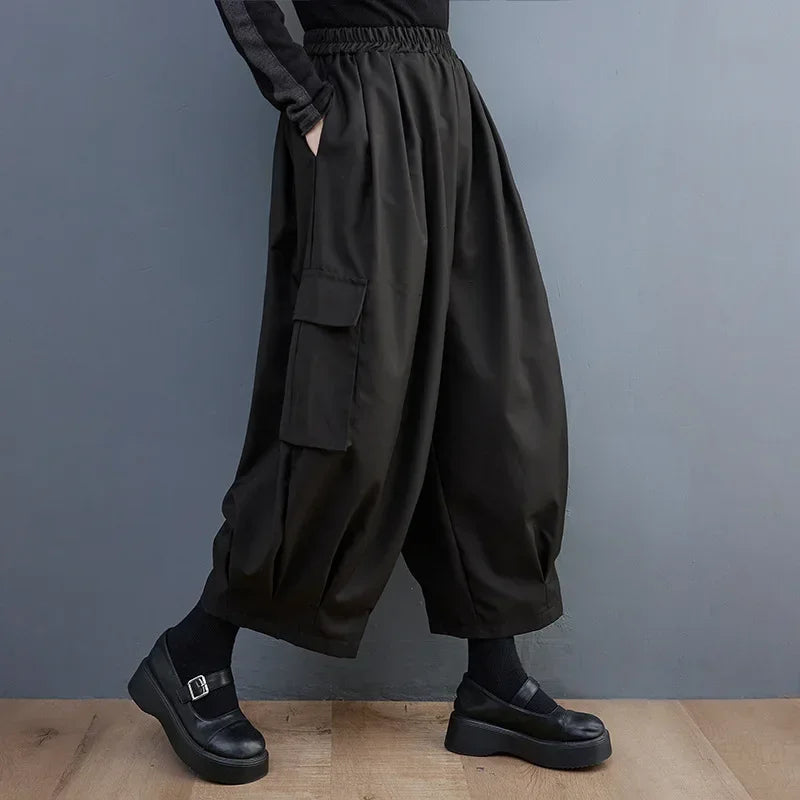 Black Vintage High Elastic Waist Oversized Cargo Pants Women