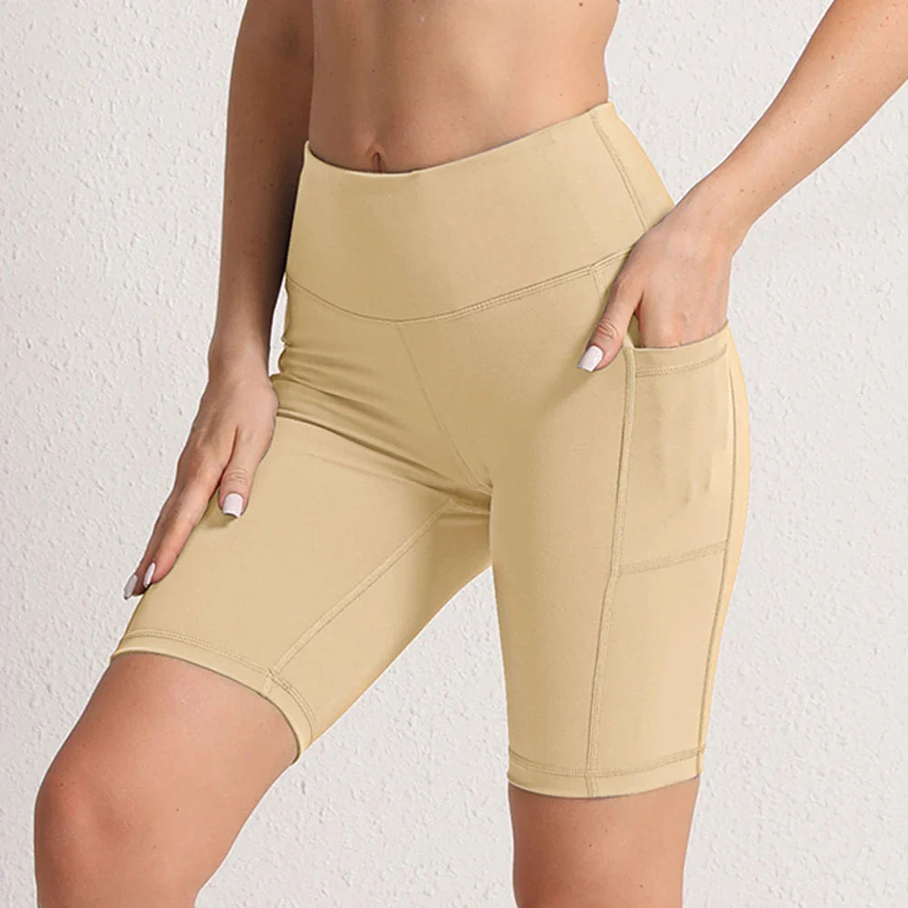 CHRLEISURE Women Yoga Shorts with 3 Pockets Seamless Gym Fitness Tights Elastic Cycling Shorts Female Solid Color Leggings