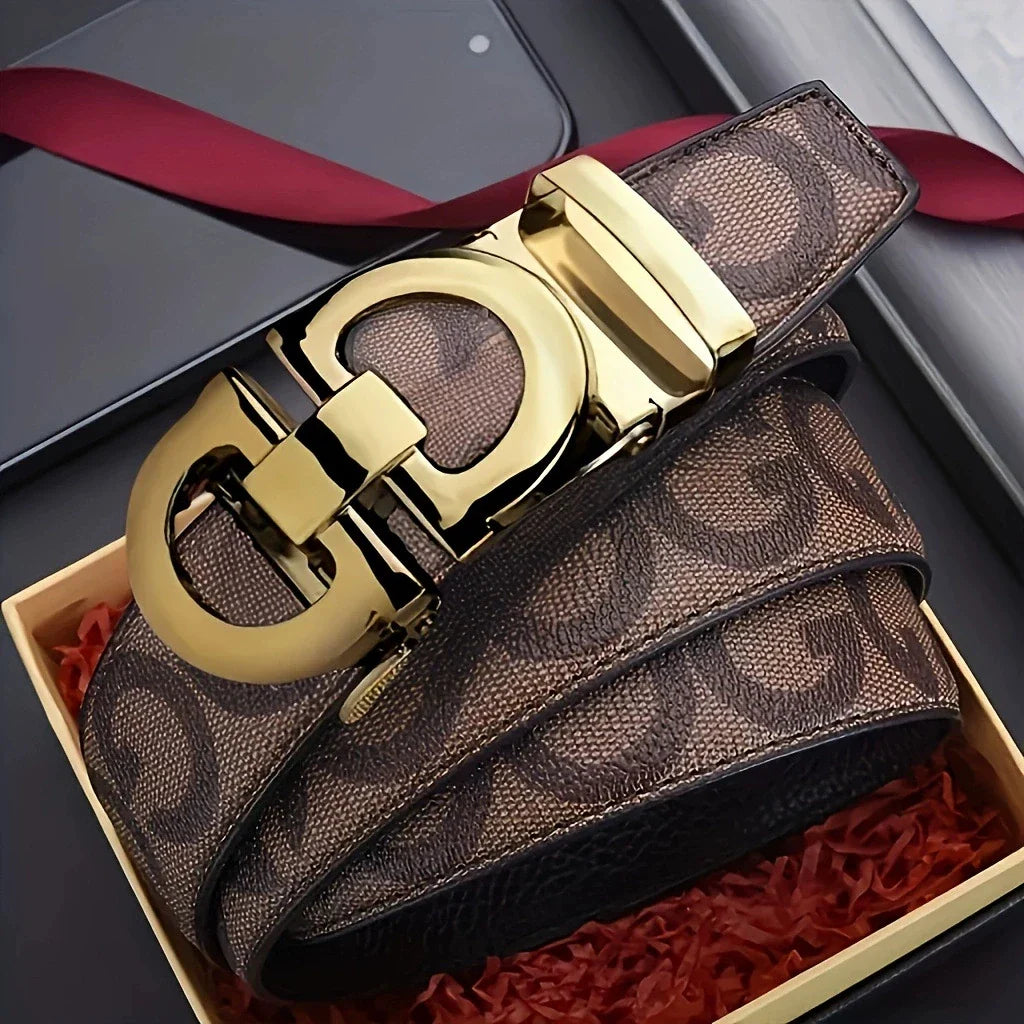 Men's Sleek Automatic Buckle Belt - Genuine FauxwithTextured Square Pattern, Black, Simple & Stylish DesignforCasual Attire