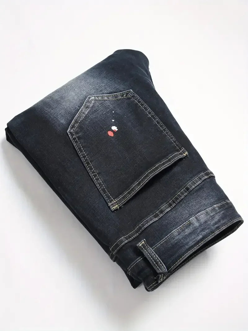 Men y2k Stretchy Denim jeans Ripped Skinny Letter Print elastic waist Casual pants