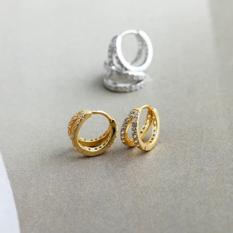 WANTME 925 Sterling Silver Fashion Luxury Shiny Double Layer Zircon Huggies Hoop Earrings for Women Plated 18k Gold Fine Jewelry