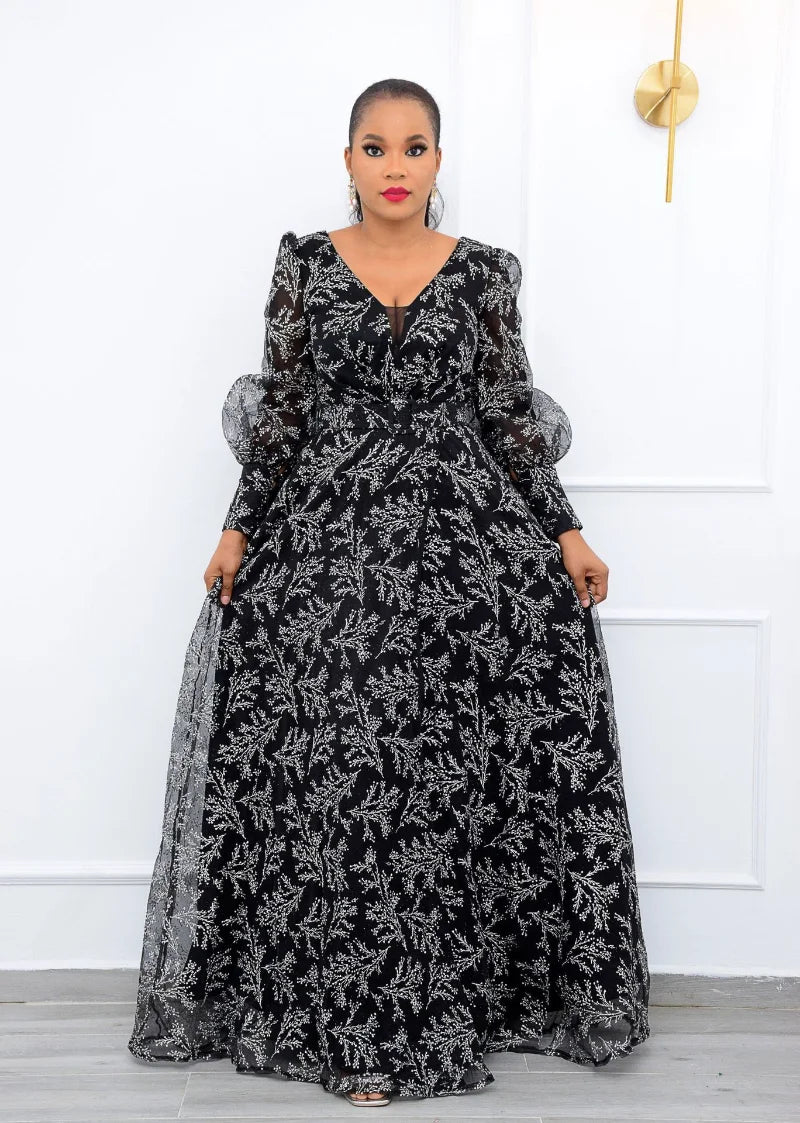 Elegant A Line Dress African Clothes For Women Dashiki African Dress O Neck Lanter Sleeve Party Dresses Retro Plus Size 5XL