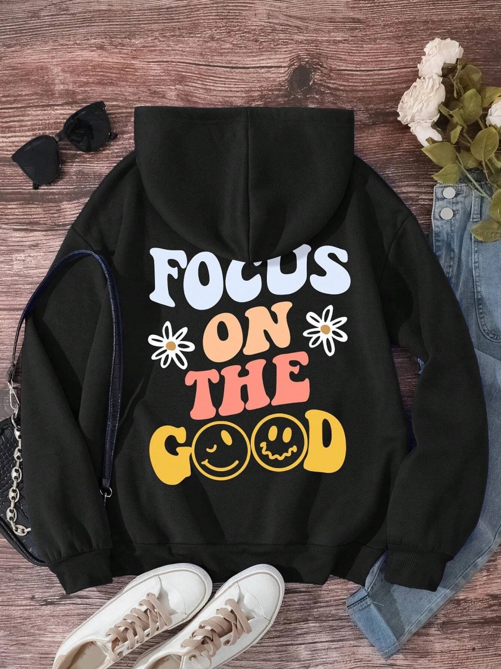 Focus On The Cood Funny Letter Graphic Print Hoodie Women's Fleece Soft Sweatshirt