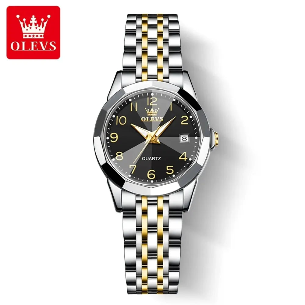 OLEVS 9970 Original Luxury Quartz Watch for Women Rhombus Mirror Digital Dial Calendar Stainless Steel Waterproof Wrist Watches