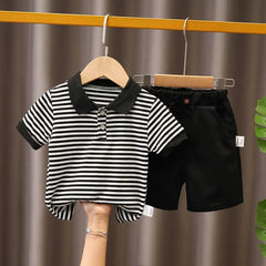 Summer Boys Sets Baby Thin Suit Children Lapel Striped Top Solid Shorts Two-Piece New Baby Fashion Casual Outfit 12M-5 Years Old