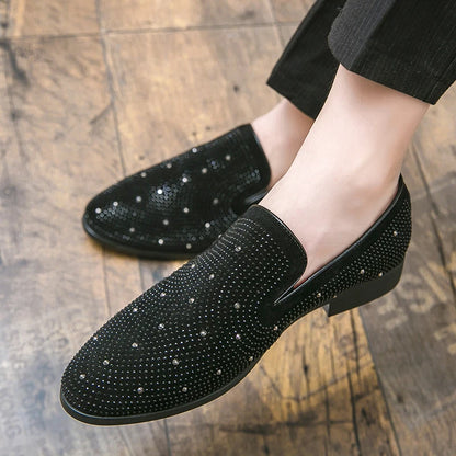 Black Rhinestone Men loafers Gold Spiked Rivets Formal Men Casual Shoes Wedding Party Dress Shoes Men Flats Slip On Loafers