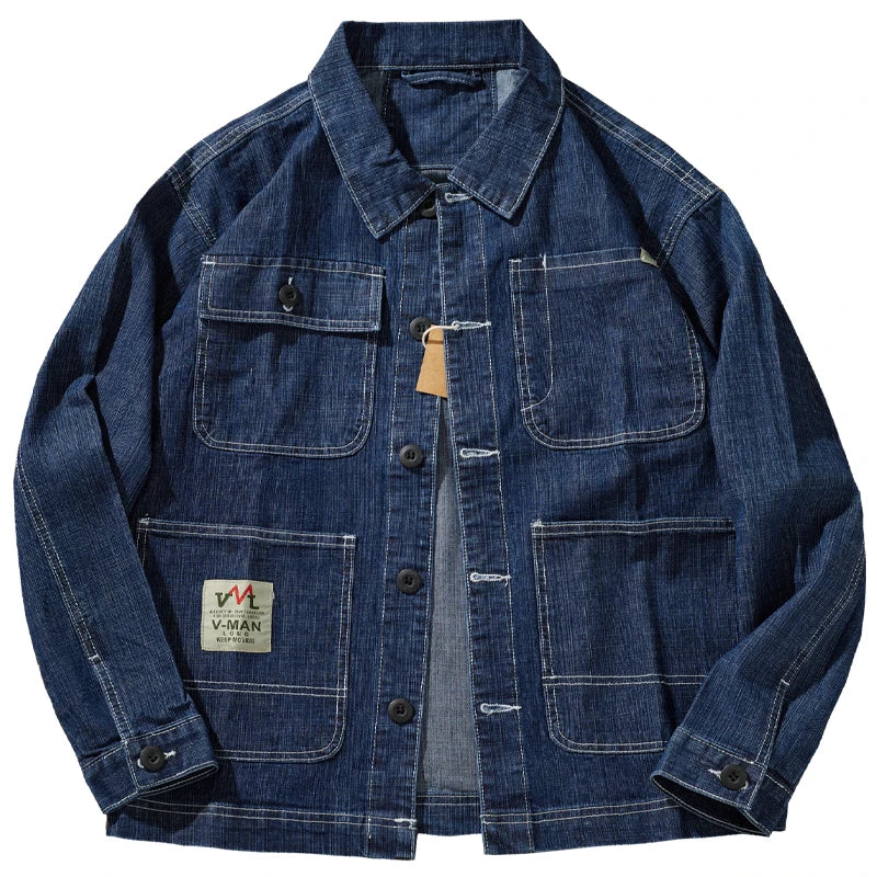 Autumn Retro Cargo Denim Jacket Men's Clothes Casual Jeans Coat