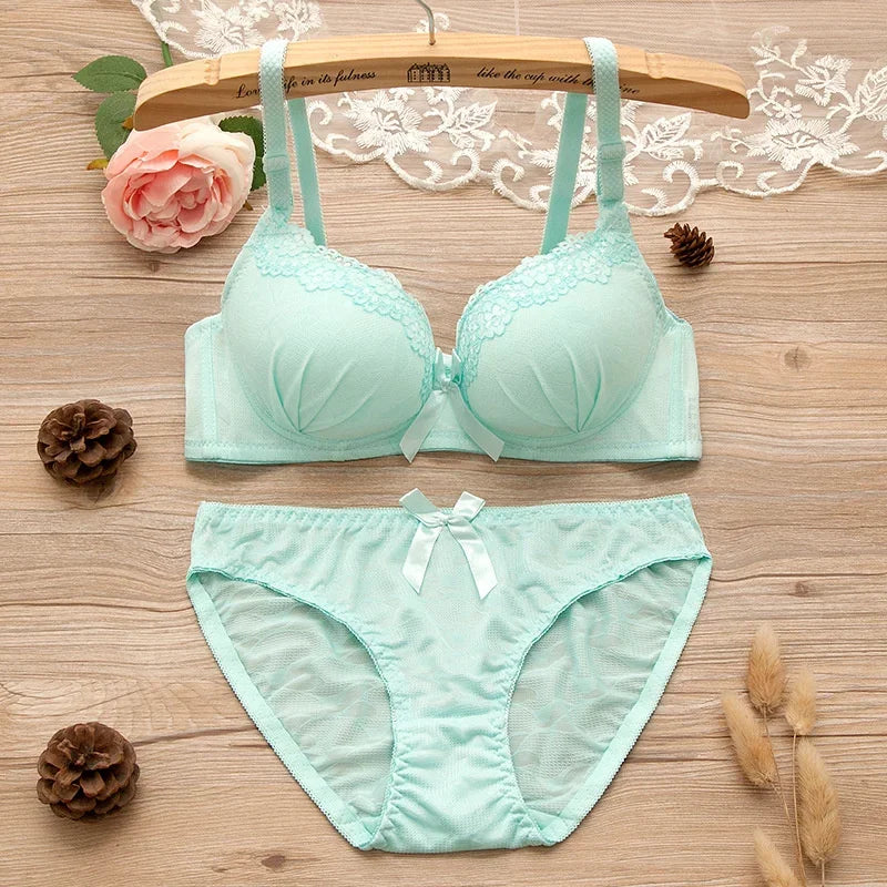 Girl Sweet Wireless Bra Lace Bows Underwear Sets Breathable Small Breast Bralette