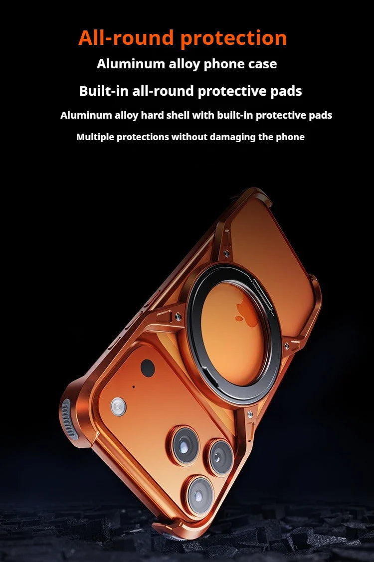 Metal Alloy Punk Frame Phone Case For iPhone 17 16 15 14 13 Pro Max 360 Rotating Bracket Magsafe Ring Magnet Stand Bumper Cover