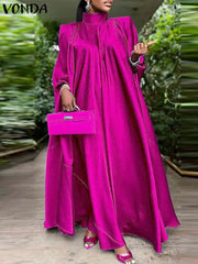 Women Stand Collar Elegant Satin Dress Long Bat Sleeve Evening Pleated Maxi