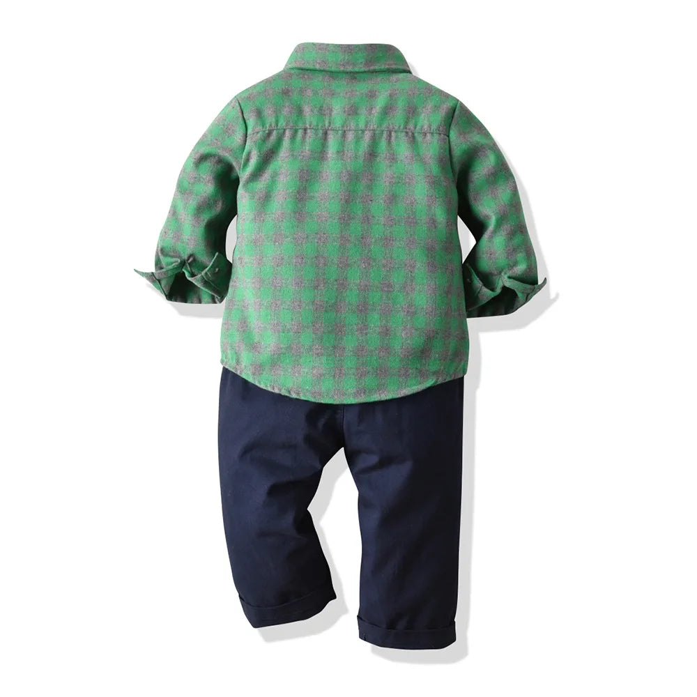 Children's Plaid Shirt and strap pants set for Boys with Bow Tie baby boy clothes 0 to 3Y Autumn Boys Clothes 70-130cm