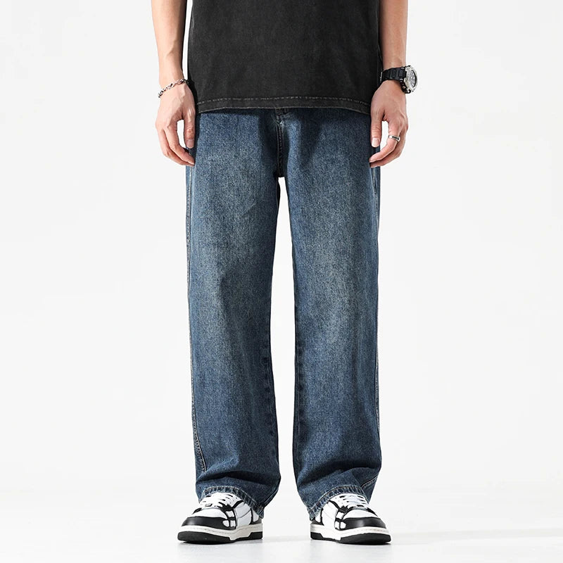 Baggy Jeans Men Wide Leg Jeans Dark Blue Denim Pants Straight