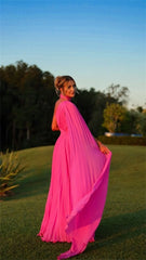 Cathy Fuchsia One Cape Sleeve Vestidos De Noche Pleated Fabric Prom Dress