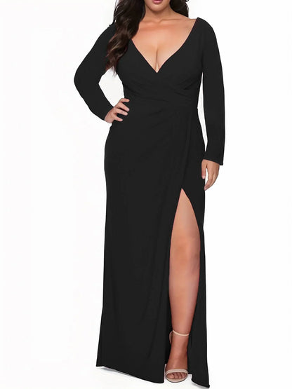 Plus Size Black Sexy V-Neck Elegant and Slim Fitting Long Sleeve High Split Women's Evening Dress Party Vestido Female Robe