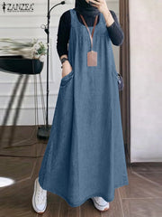 Dress Summer Women Sleeveless Solid Muslim Abaya Vestido Casual Loose Sundress