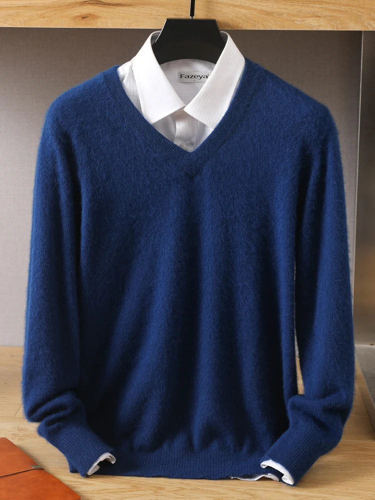 Men's 100% Mink Cashmere Sweater V-Neck Pullovers Knit Large Size Winter