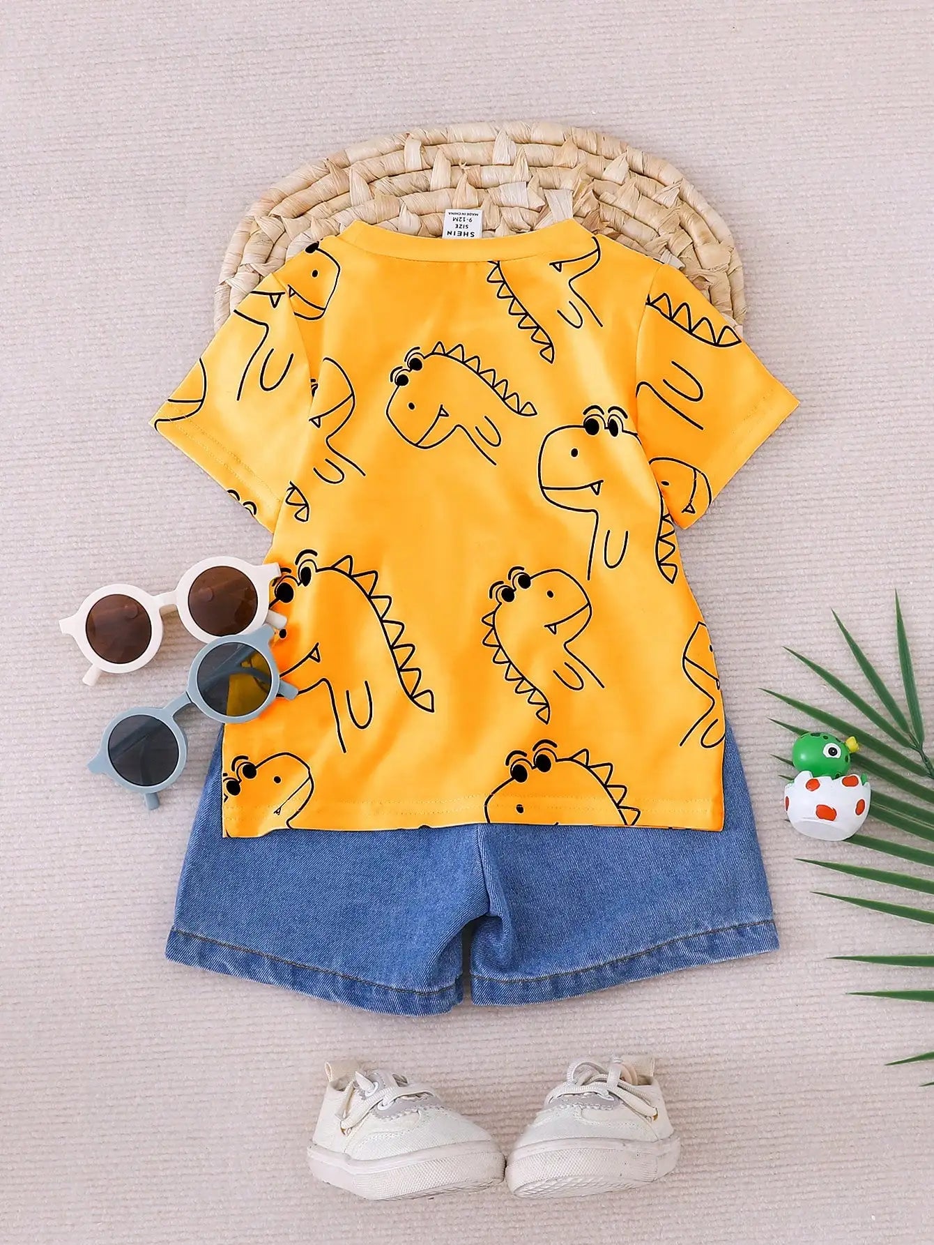 Summer 2-Piece Set New Casual Outdoor Comfort Breathable Cute Dinosaur Print Round Neck Short-Sleeved Denim Shorts Fashion Suit