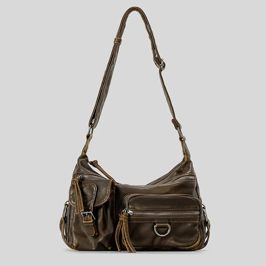 Vintage Multiple Pockets Women Shoulder Bags Luxury Washed Pu Leather