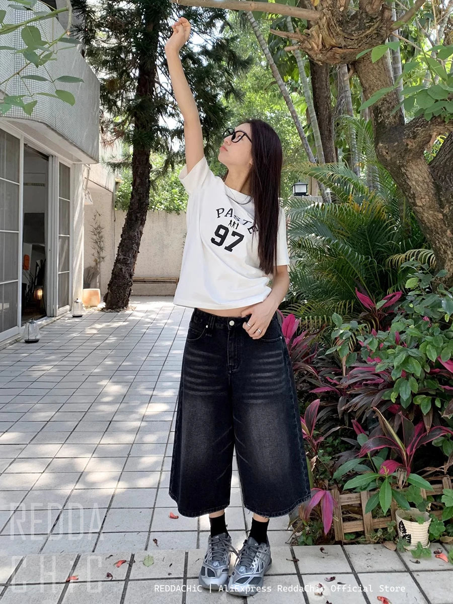 Retro Y2k Baggy Jorts Women Men Whiskers Black Jeans