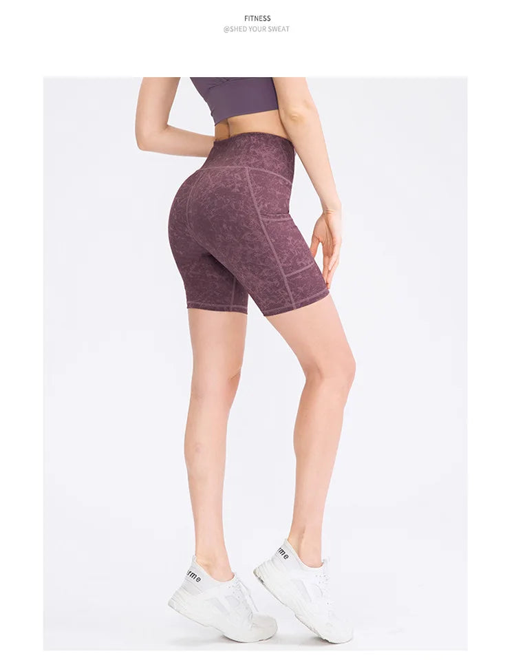 Women's printed nude yoga shorts with pockets skin-friendly tight stretch quick-drying sports fitness hiking running shorts