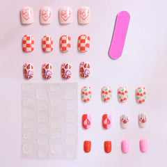 24pcs Short Square Baby Pink Striped Dots Heart Pattern Full Cover Fake Nail