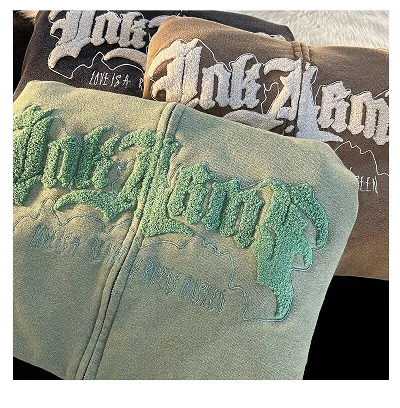 Zip UP Hoodie Grunge Women Men Autumn Embroidery Letter Long Sleeve Gothic Hooded