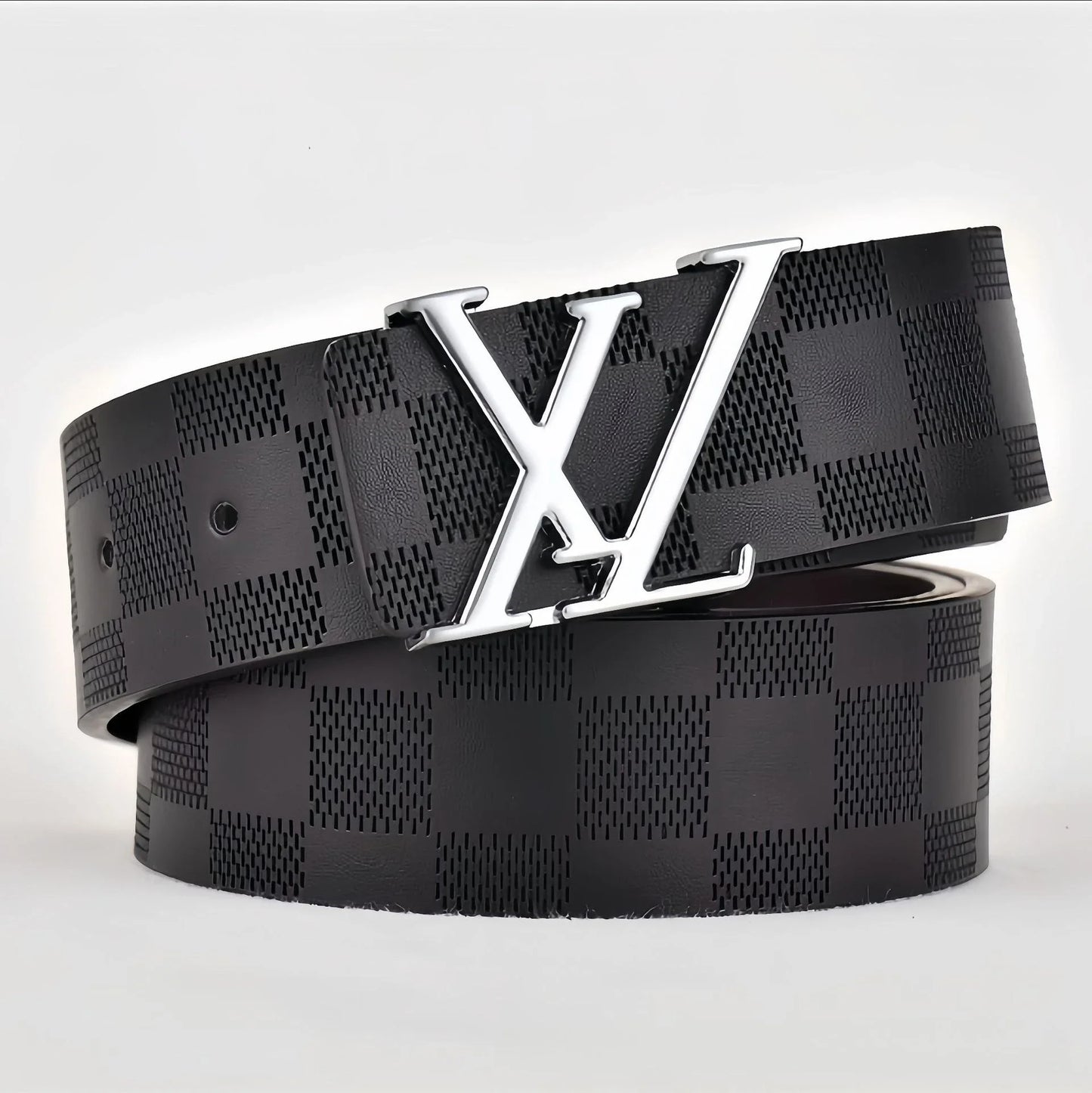 Light Luxury Mens Leather Belt Smooth Buckle Genuine Cowhide Perforated Pattern Fashion Trendy High End Versatile